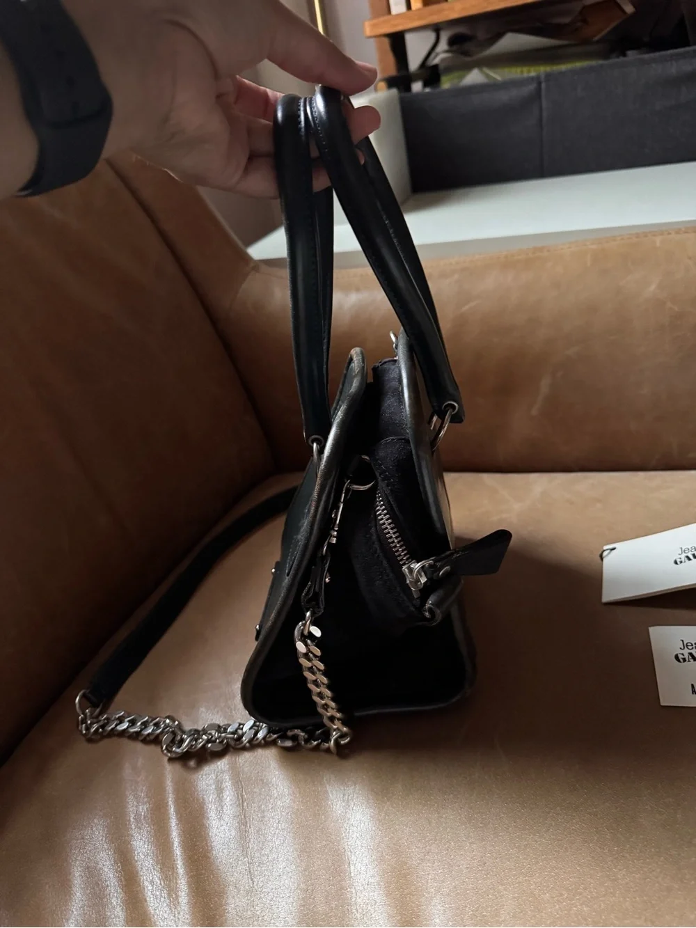 Jean Paul Gaultier Dark Green Leather Crossbody Chain Strap and short handles